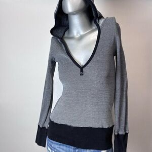 V-Neck Hooded Striped Y2K Long Sleeve Shirt